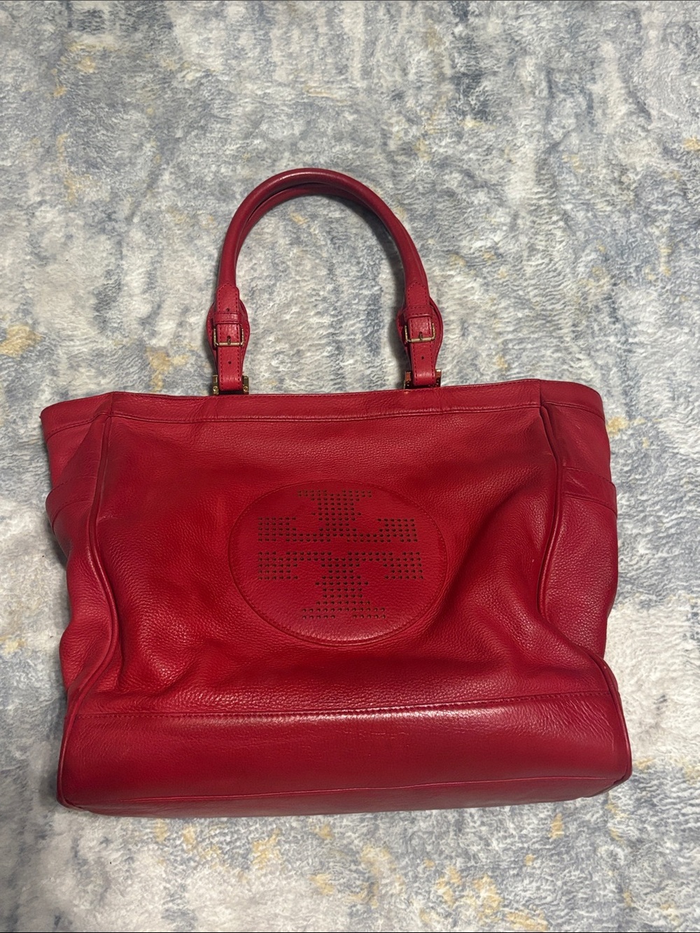 Red Leather Tory Burch Tote Handbag - Classic Structured Everyday Bag